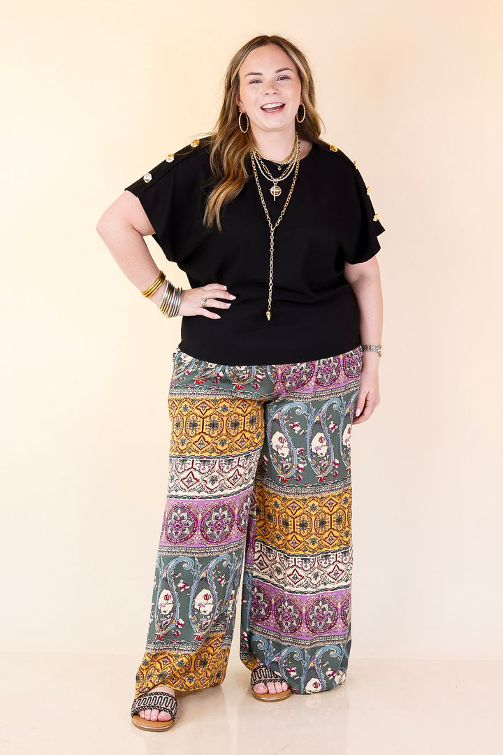 Golden Hour Glow Ribbed Crew Neck Top With Gold Button Detailing in Black