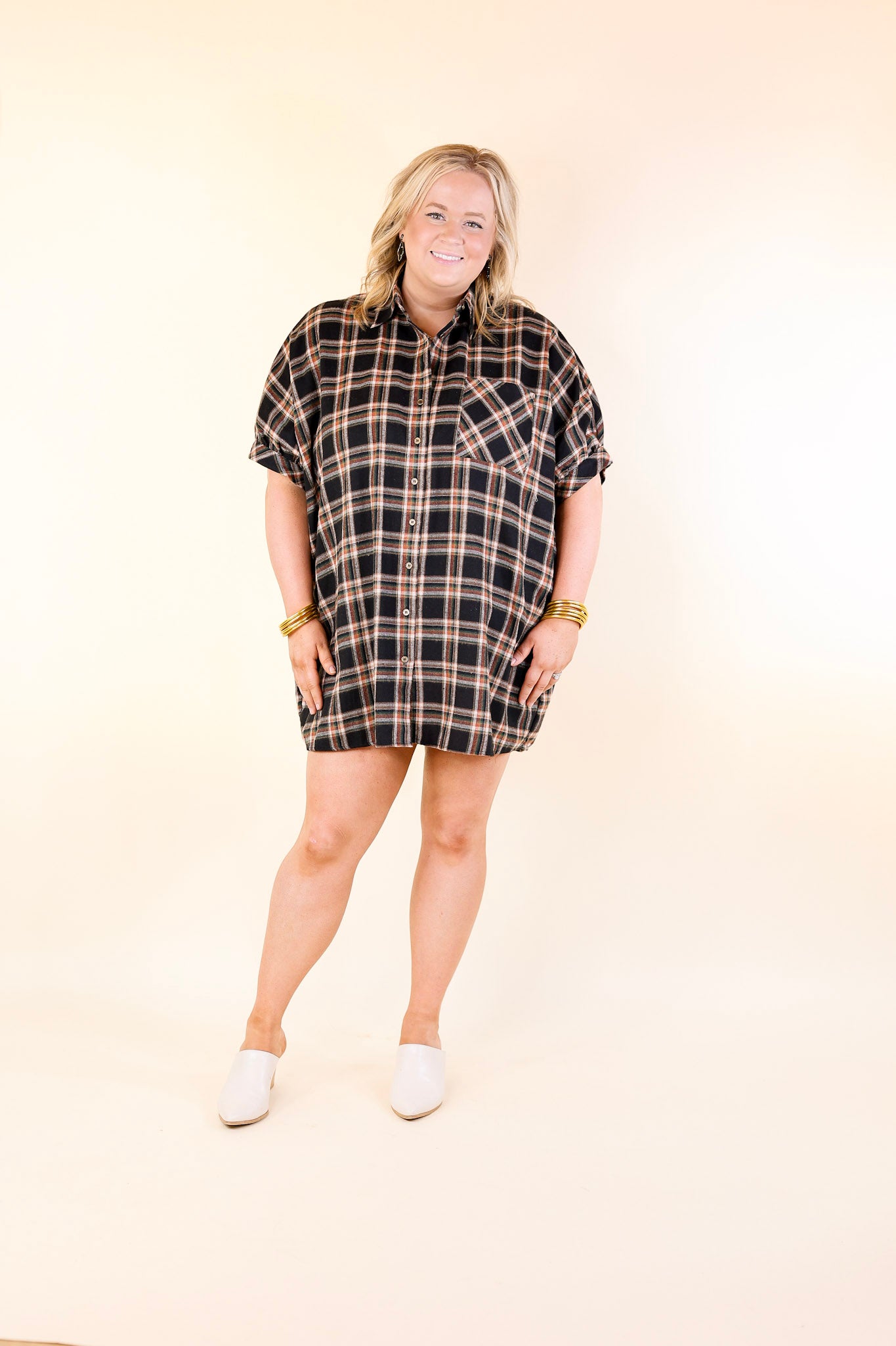 Cozy And Kind Button Up Plaid Dress in Black