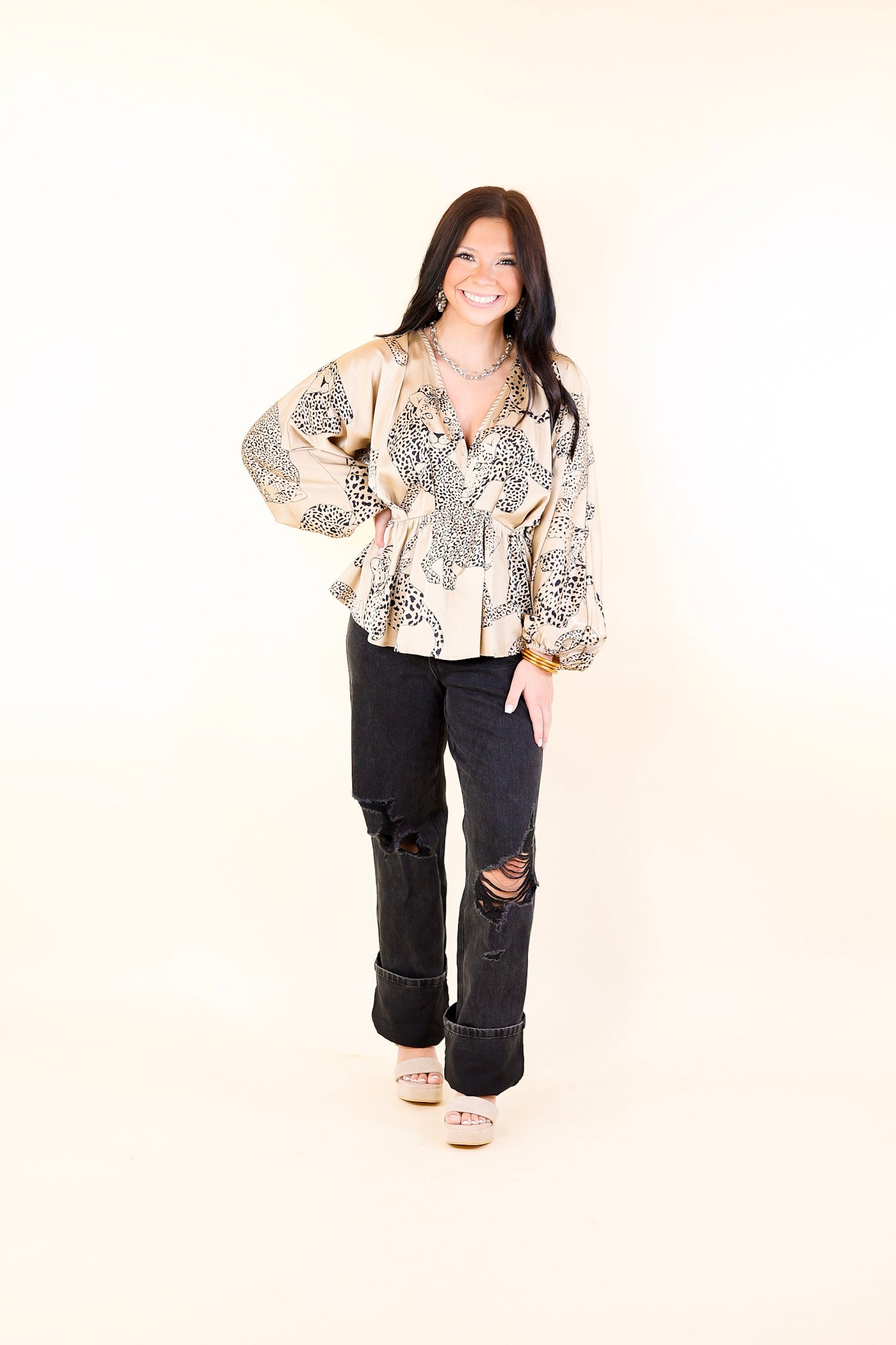 Central Ave Sweetness Leopard Print Peplum Top in Tan