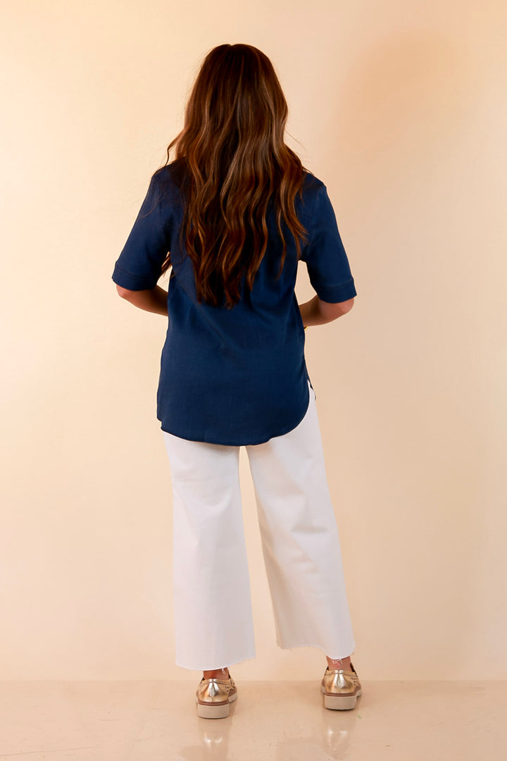 Lyssé | Best Dressed Short Sleeve Button Down Chambray Denim Shirt in Dark Wash