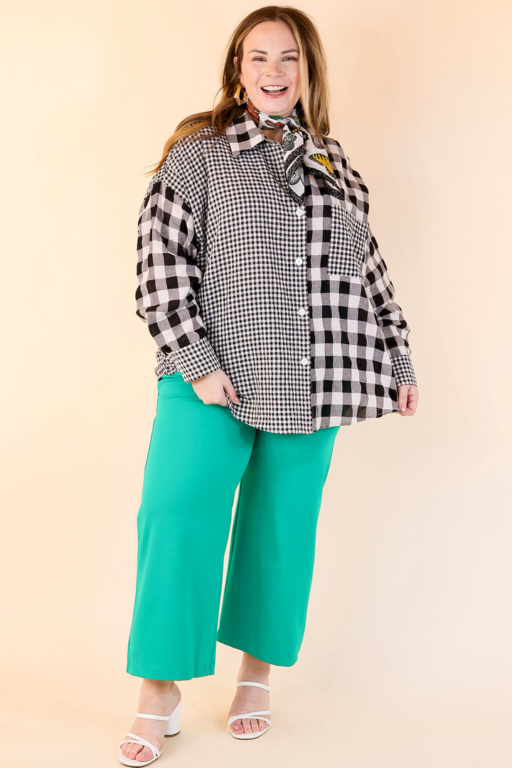 Waiting For You Mix Plaid Button Up Top in Black