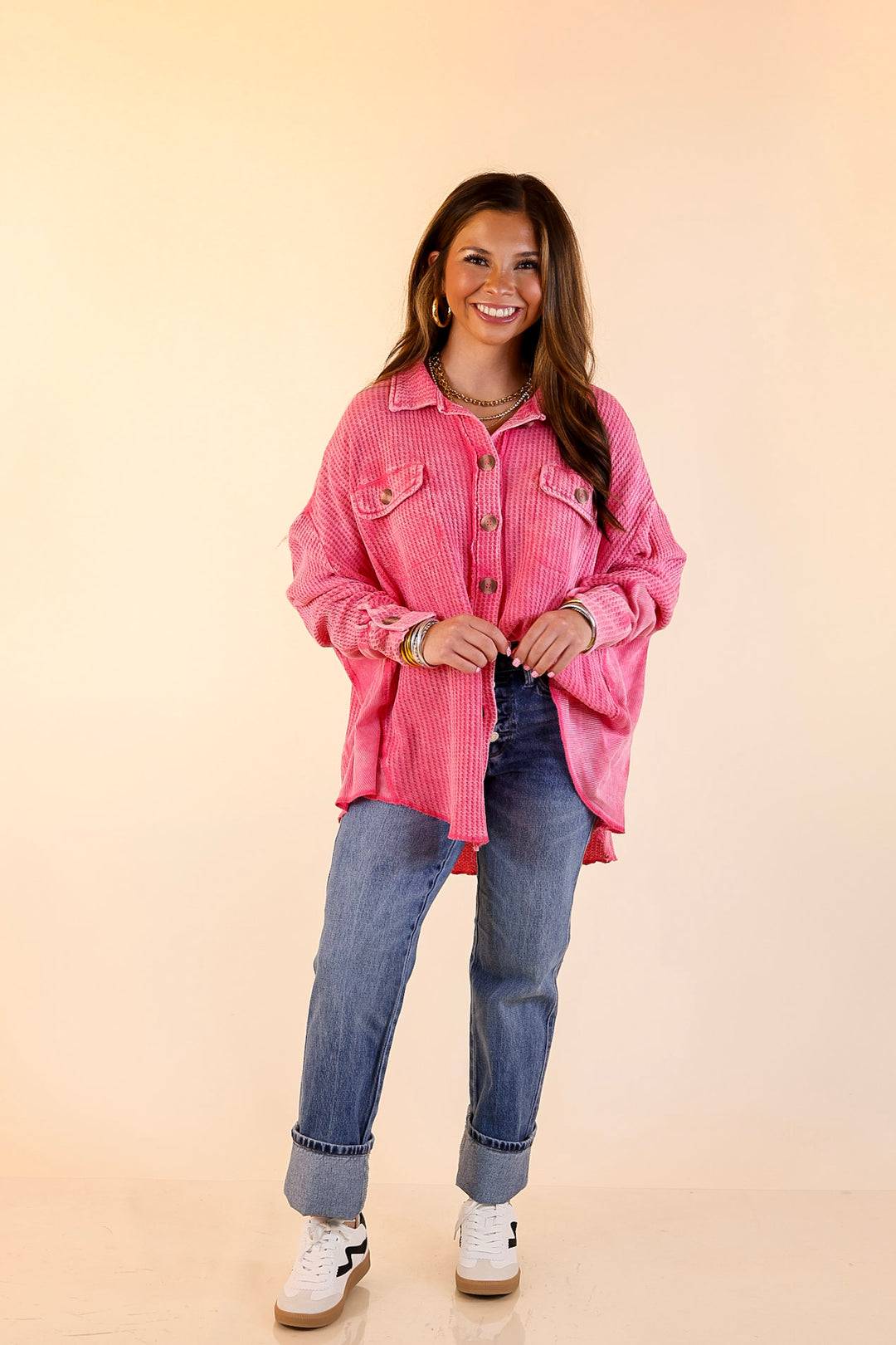 On the Move Long Sleeve Waffle Knit Button Up Shacket in Pink