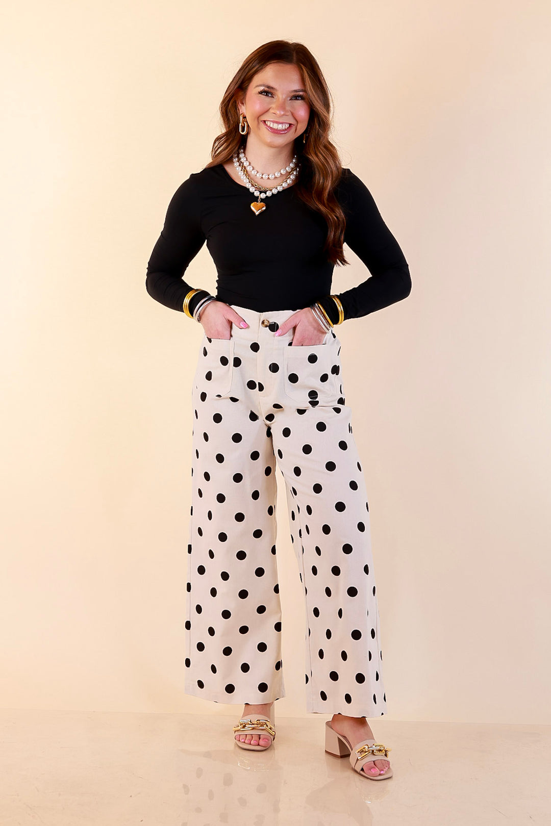 Spot on Style Wide Leg Black Polka Dot Print Pant with Front Patch Pocket in Cream
