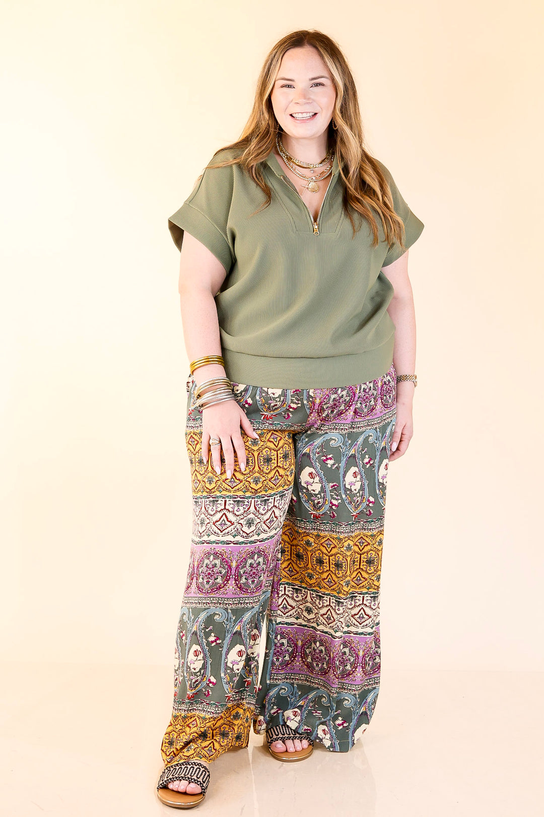 Top Priority Half Zip Collared Ribbed Top in Olive Green