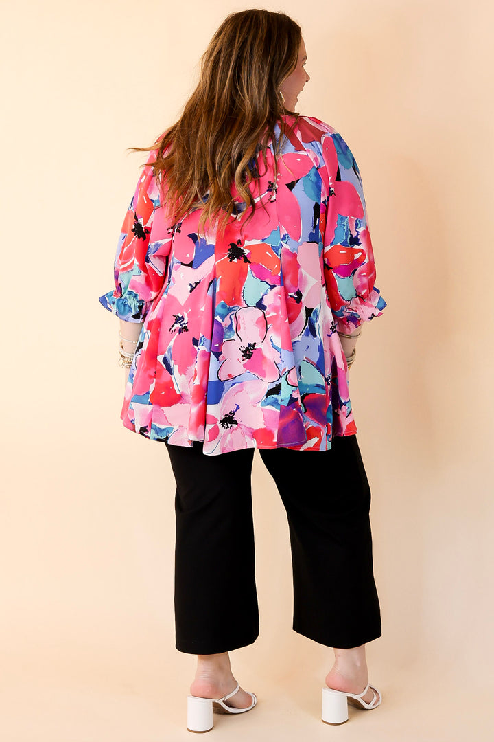 Blooming Love Floral V Neck Top with Half Sleeves in Pink Mix