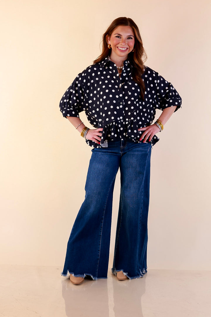 Style Agenda Button Down Peplum Top with Polka Dot Print in Navy Blue with Cream Dots