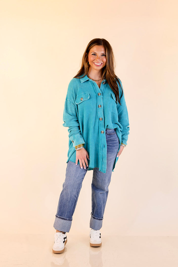 On the Move Long Sleeve Waffle Knit Button Up Shacket in Turquoise Blue
