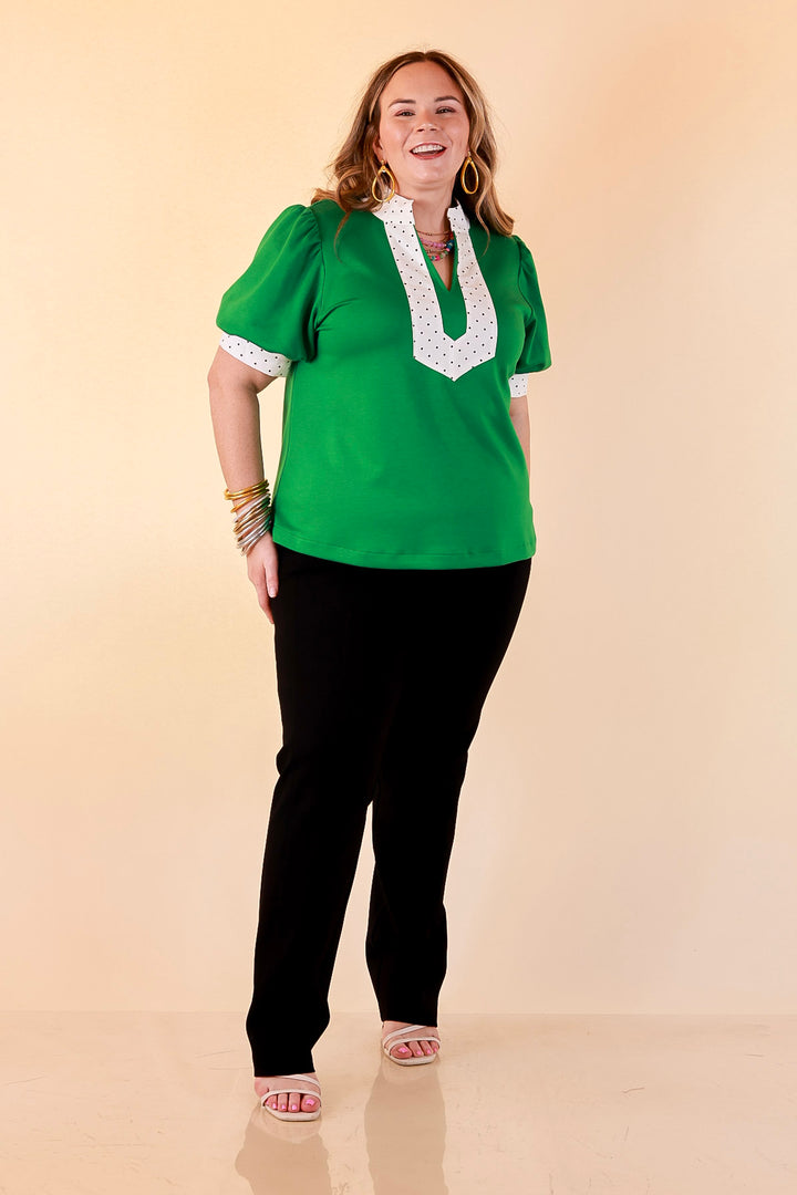 Confidently Yours Contrast Polka Dot Trim Puff Sleeve Top in Kelly Green