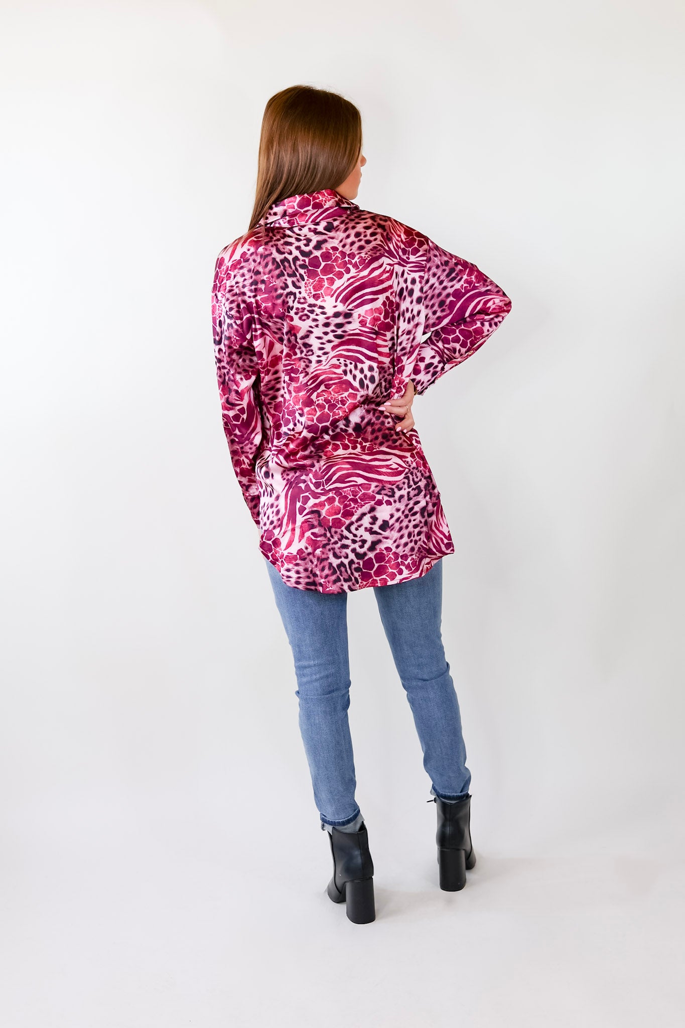 Tell Me Something Good Mixed Animal Print Long Sleeve Button Up Top in Magenta Purple - Giddy Up Glamour Boutique