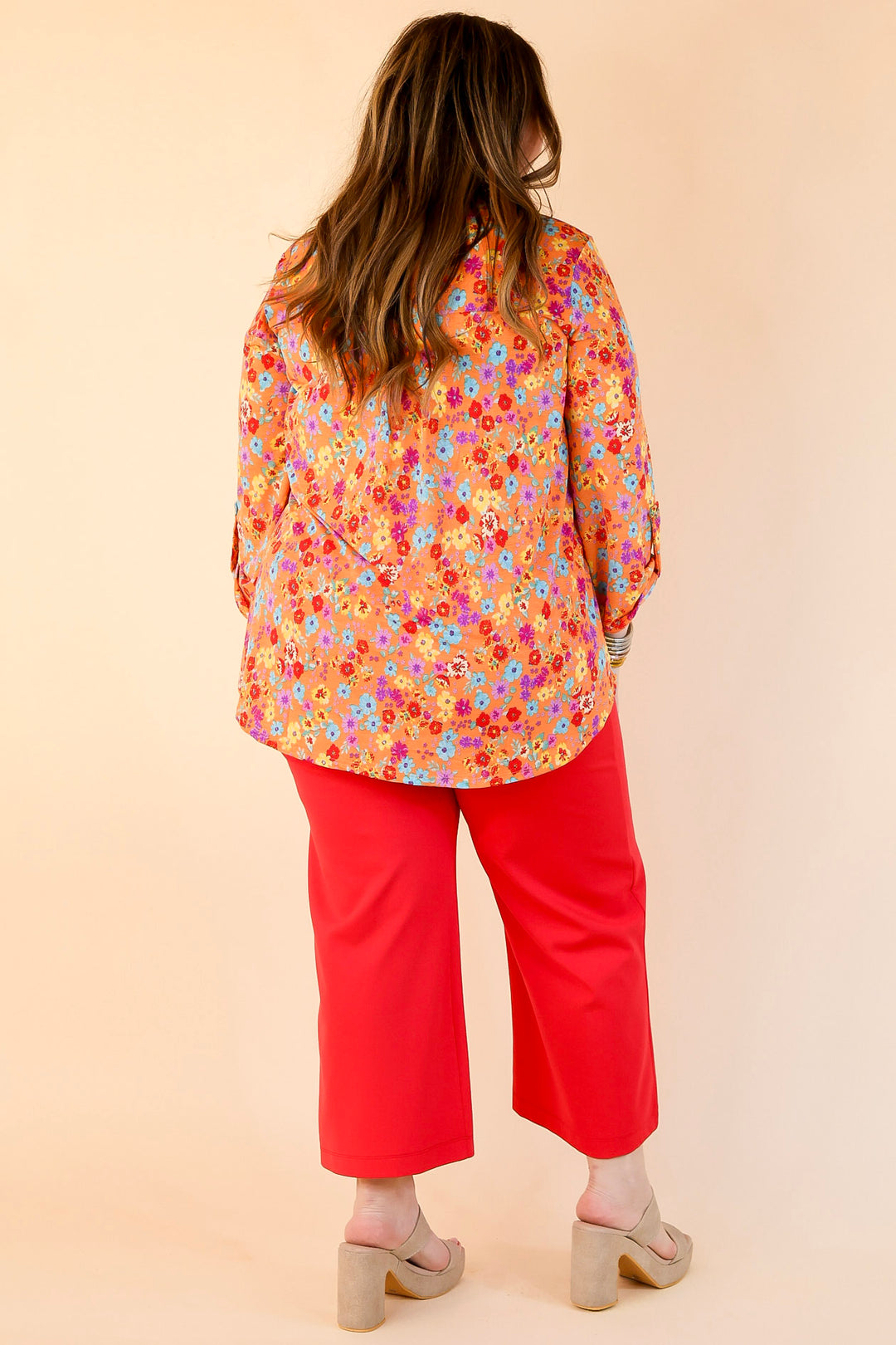 Urban Elegance Floral Print 3/4 Sleeve Tunic Top in Orange