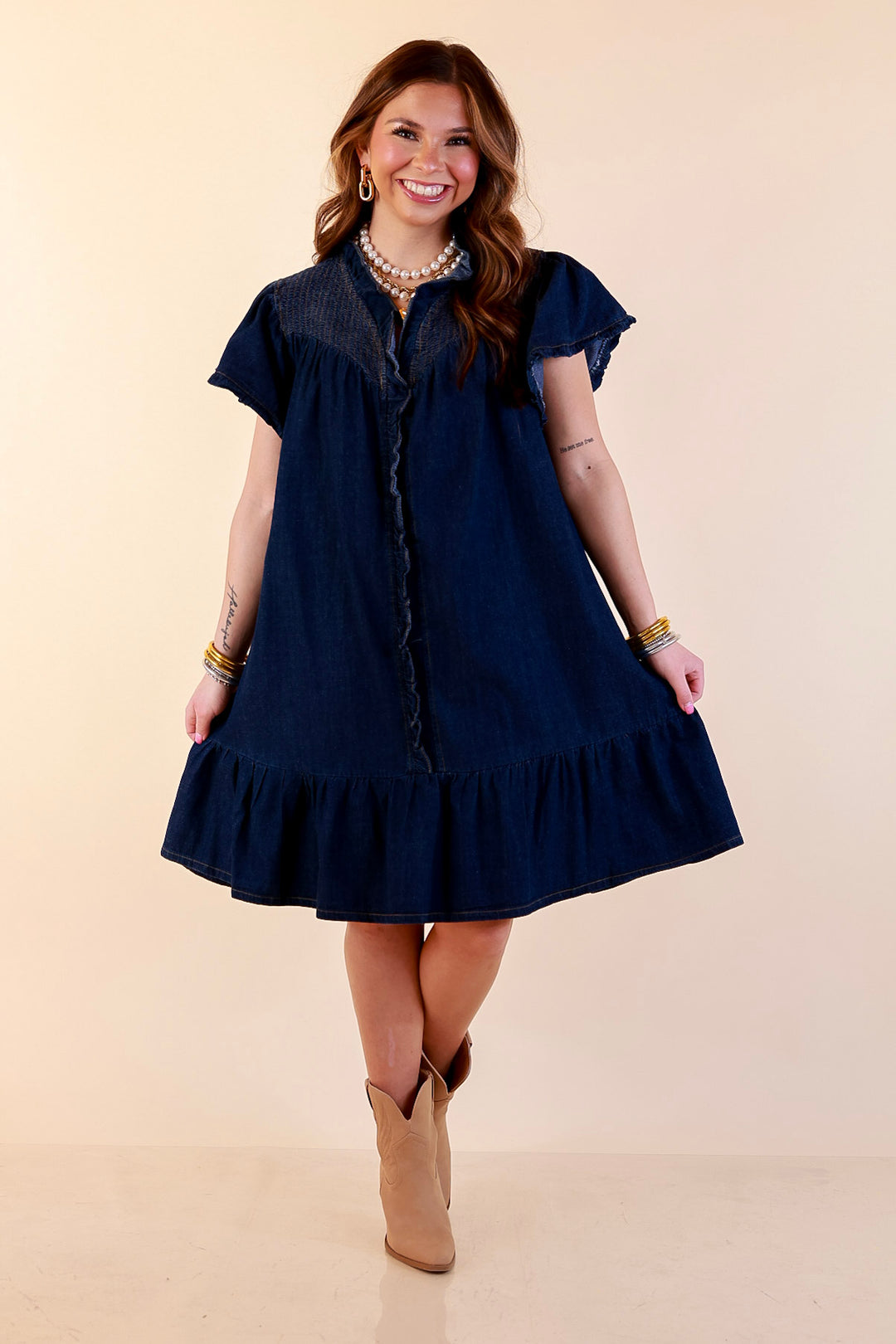 Day to Day Denim Smocked Yoke Dress with Ruffle Front and Flutter Sleeves in Dark Wash