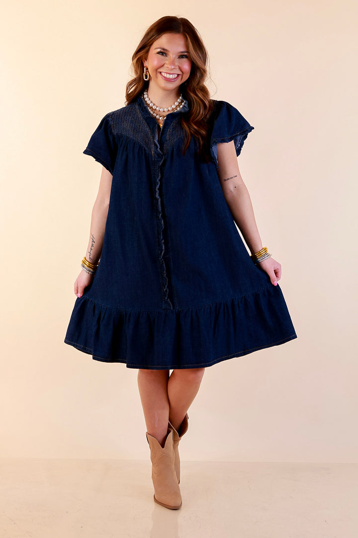 Day to Day Denim Smocked Yoke Dress with Ruffle Front and Flutter Sleeves in Dark Wash