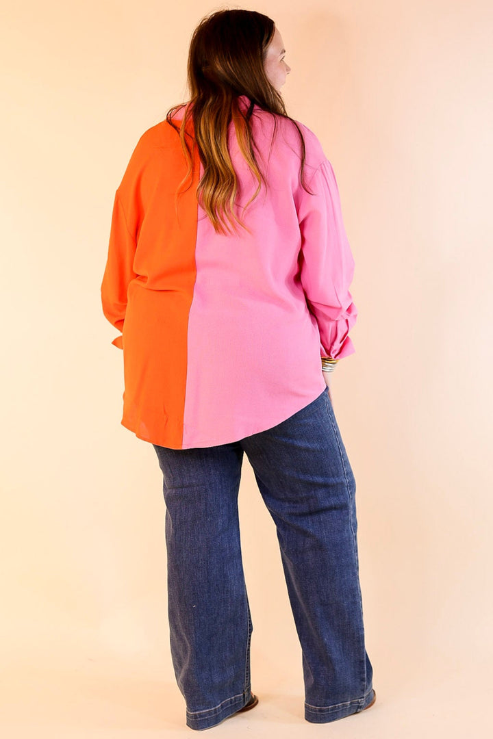 Play It Up Color Block Button Up Top in Pink and Red