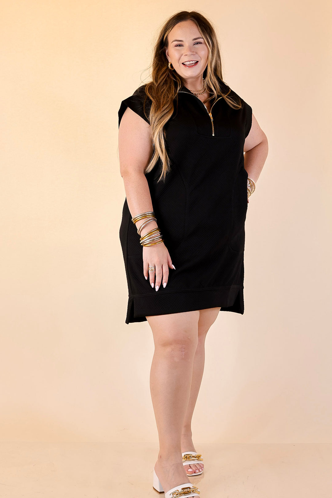 Modern Classic Cap Sleeve Dress with a Collar and Textured Detailing Dress in Black