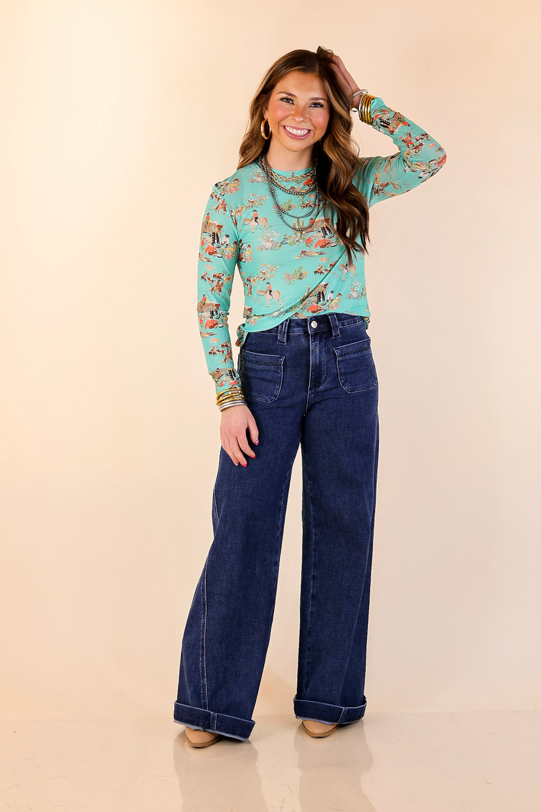 Western Dream Cowboy Cattle Drive Print Long Sleeve Mesh Top in Turquoise Blue