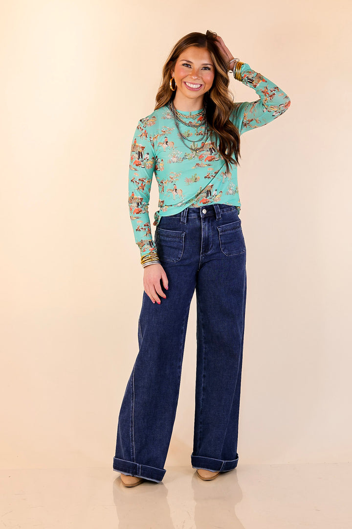 Western Dream Cowboy Cattle Drive Print Long Sleeve Mesh Top in Turquoise Blue