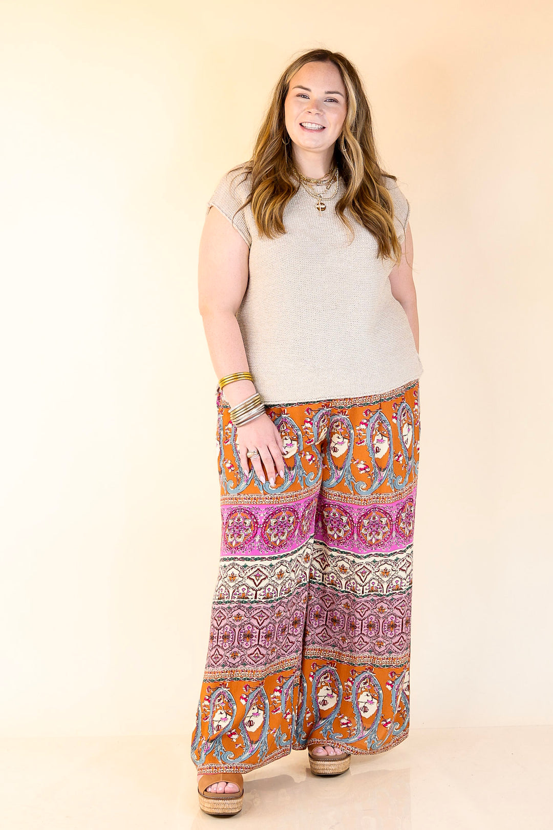 Slight Change Elastic Waist Floral Print Wide Leg Palazzo Pants in Rust Orange Mix