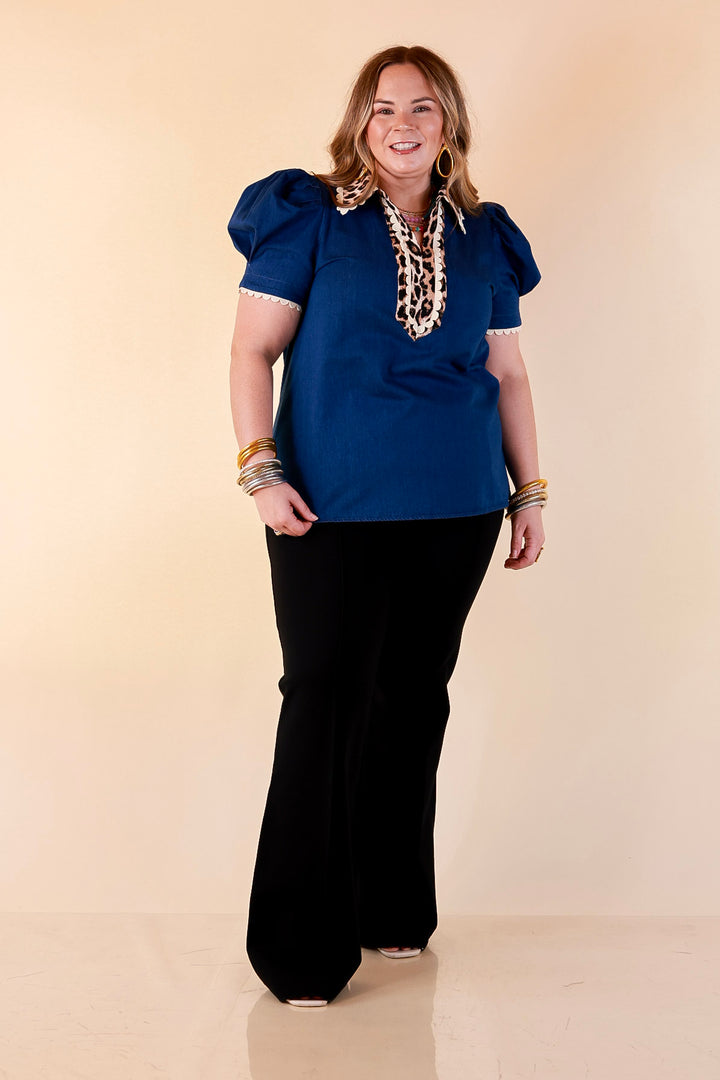 Chic in Command Contrast Leopard Print Trim with Ruffle Detailing Puff Sleeve Top in Denim