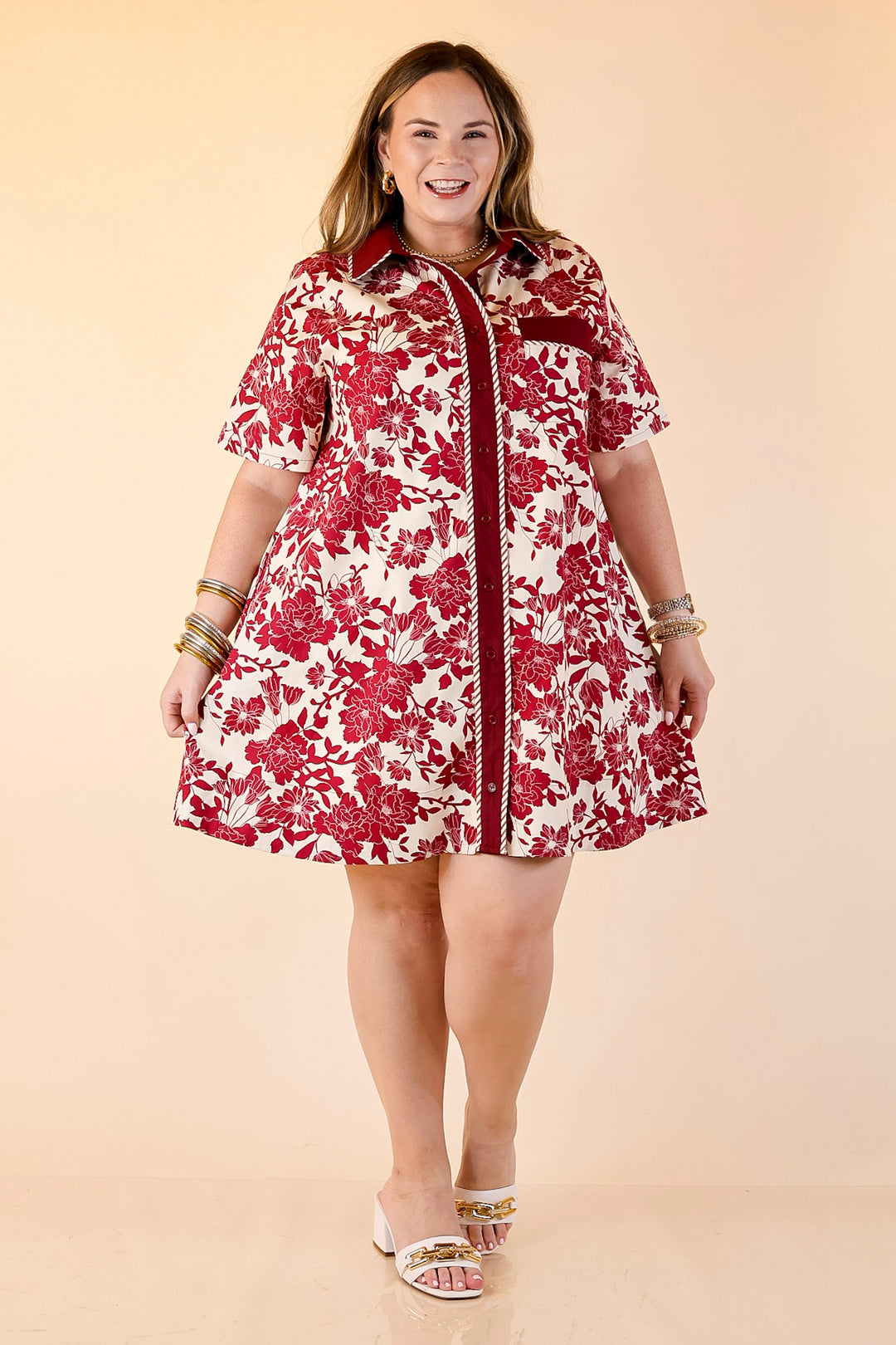 Chic Perspective Collared Button Up Floral Toile Shift Dress in Maroon