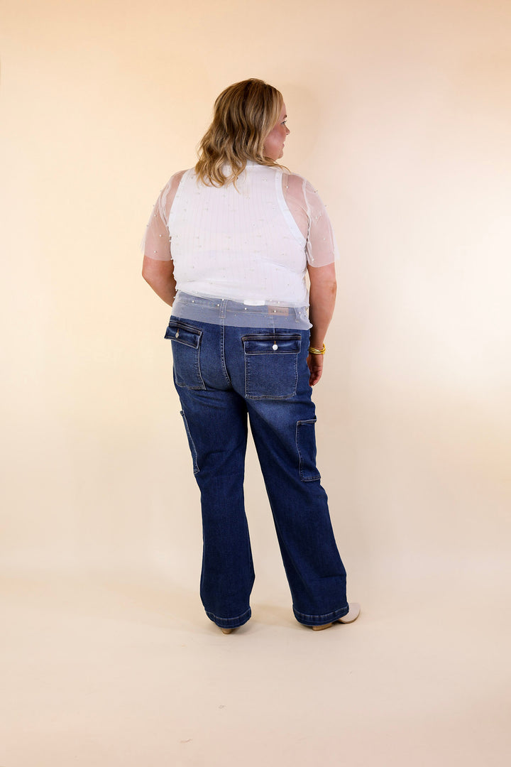 Shimmer in Style Mesh Short Sleeve Top with Pearls and Rhinestones in Off White