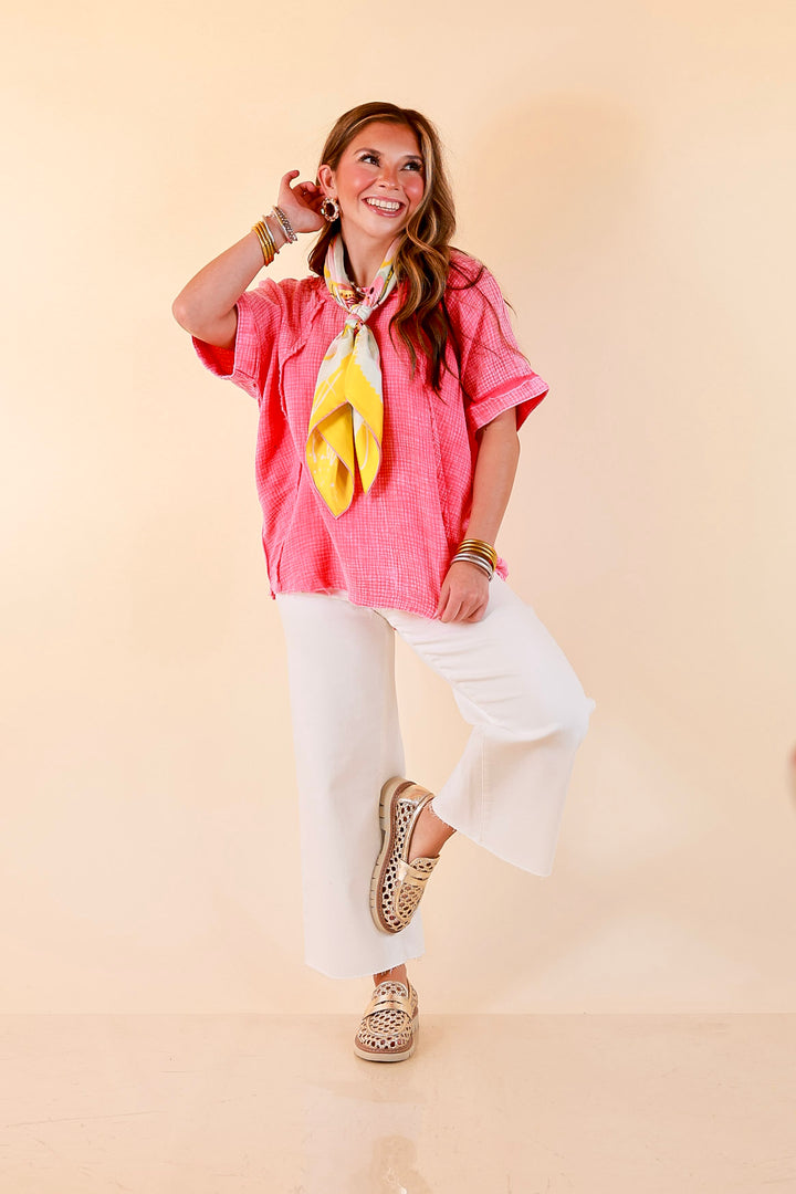 Everyday Ease Short Sleeve Linen Top with Raw Hem Edges in Hot Pink