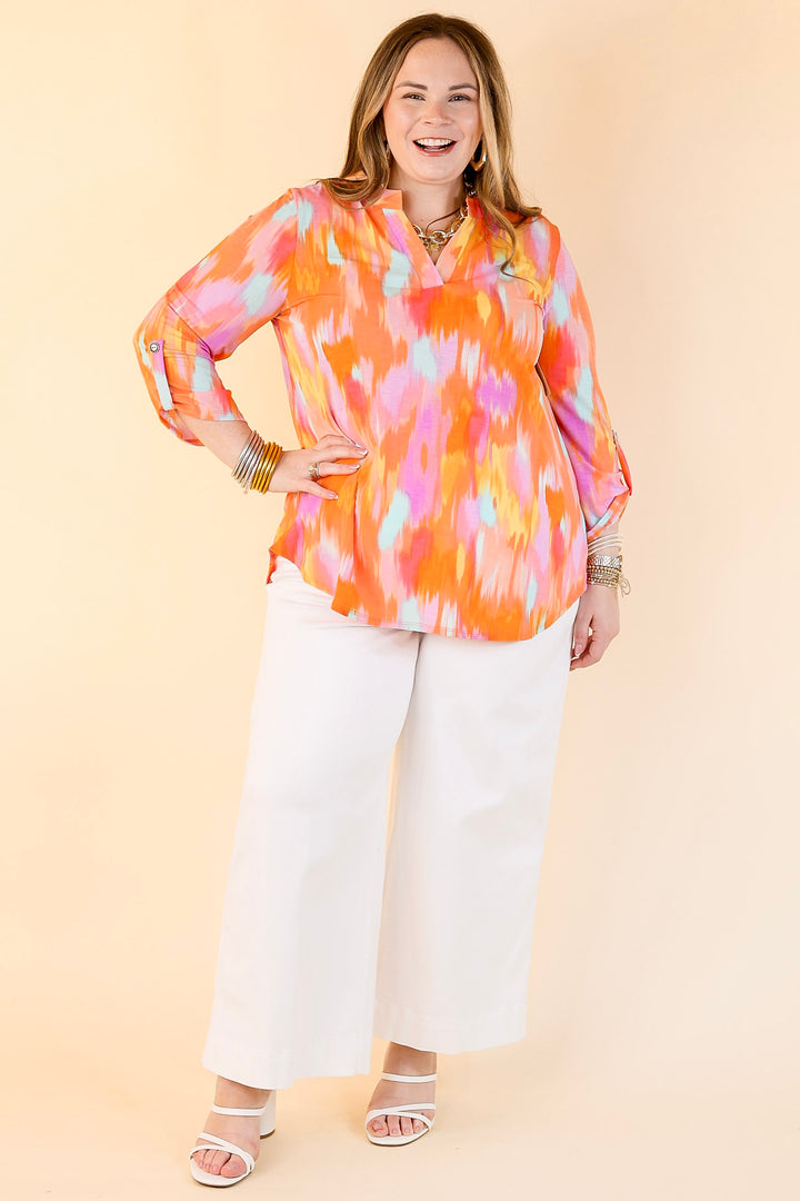 Urban Elegance Watercolor 3/4 Sleeve Tunic Top in Orange Mix