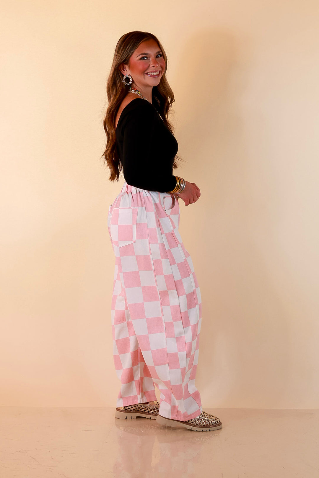 Check Me Out Wide Leg Checkered Print Barrel Denim Jean in Pink
