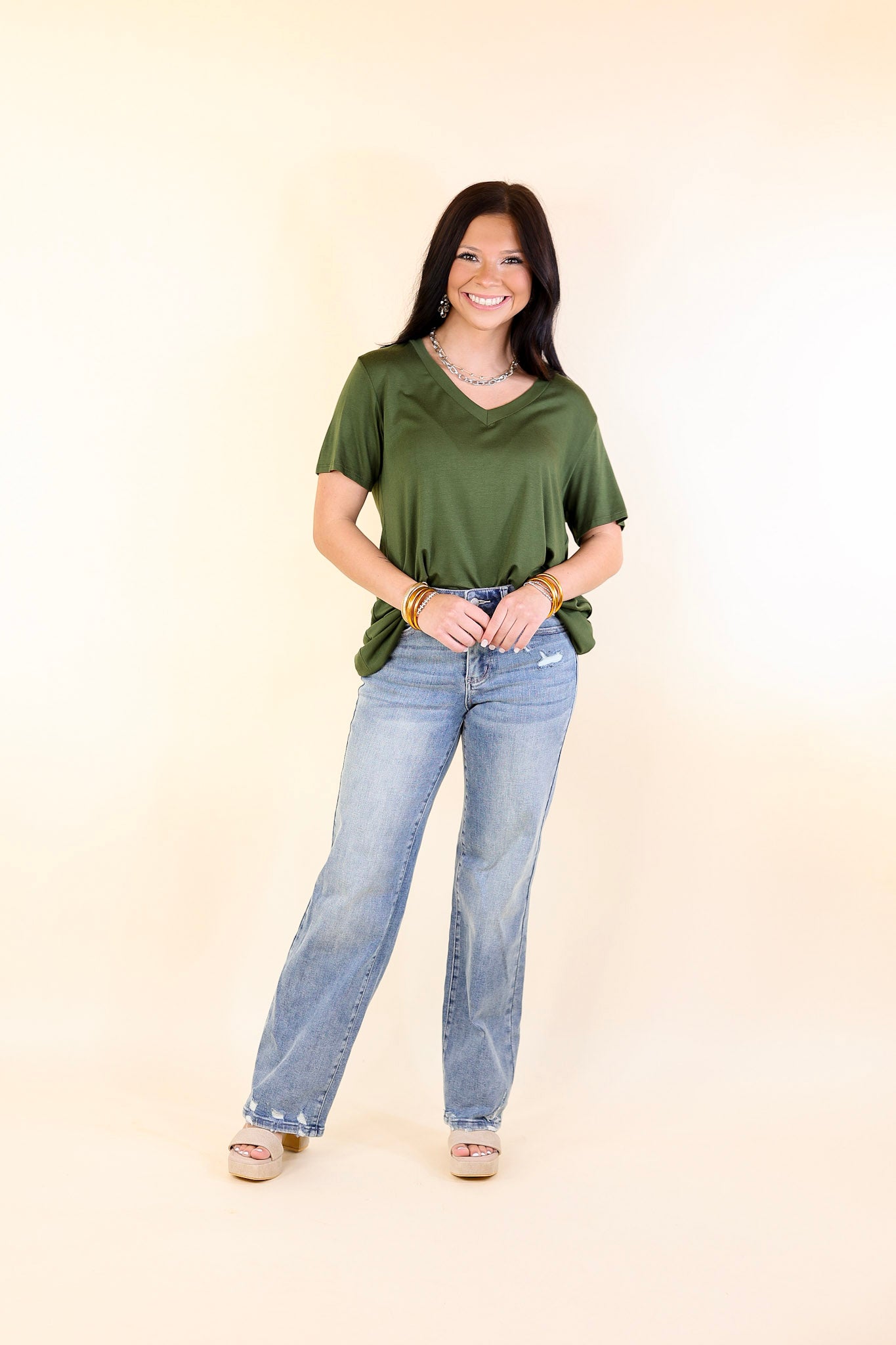 It's That Simple Solid V Neck Tee in Fern Green