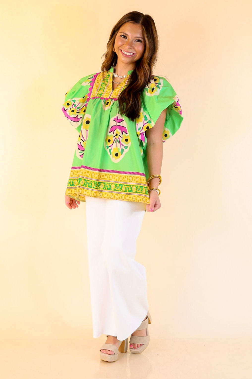 Floral Blush Short Sleeve Floral Shirt With Purple Rickrack in Green