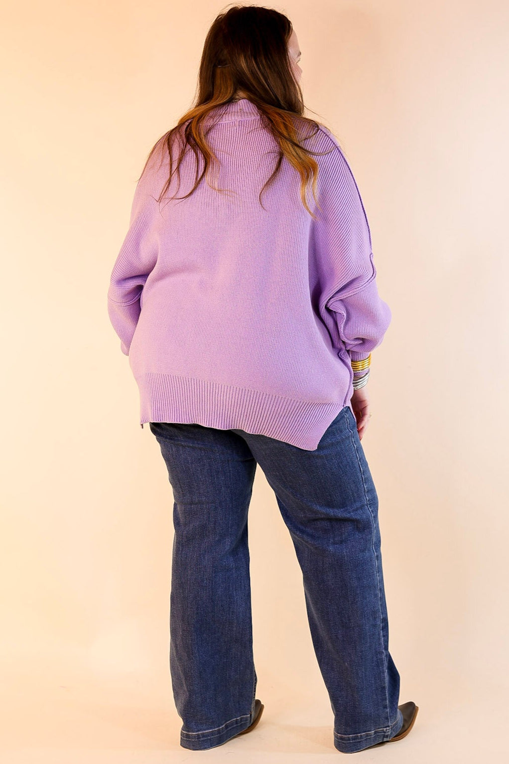 Snug and Stylish Mock Neck Sweater with Side Slit in Lavender Purple