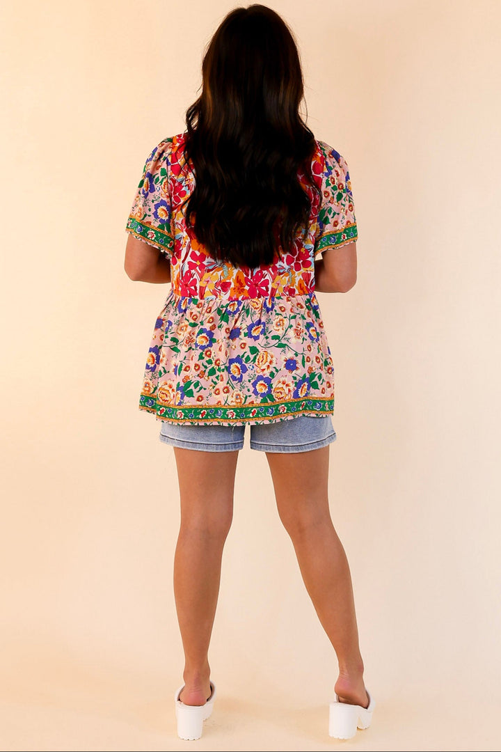 Tulip Fields Floral Print Babydoll Top in Pink Mix