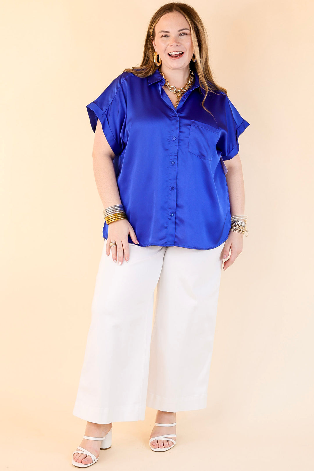 Free To Be Fab Button Up Short Sleeve Top in Royal Blue