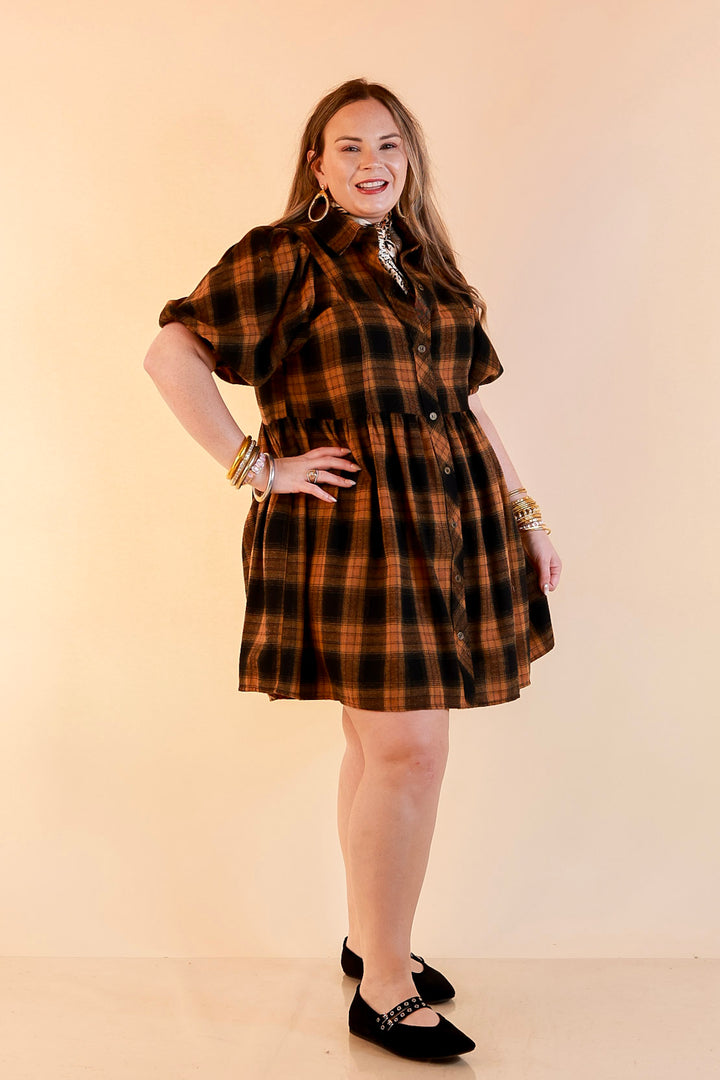 Adventures Ahead Plaid Button Up Babydoll Dress in Camel Brown