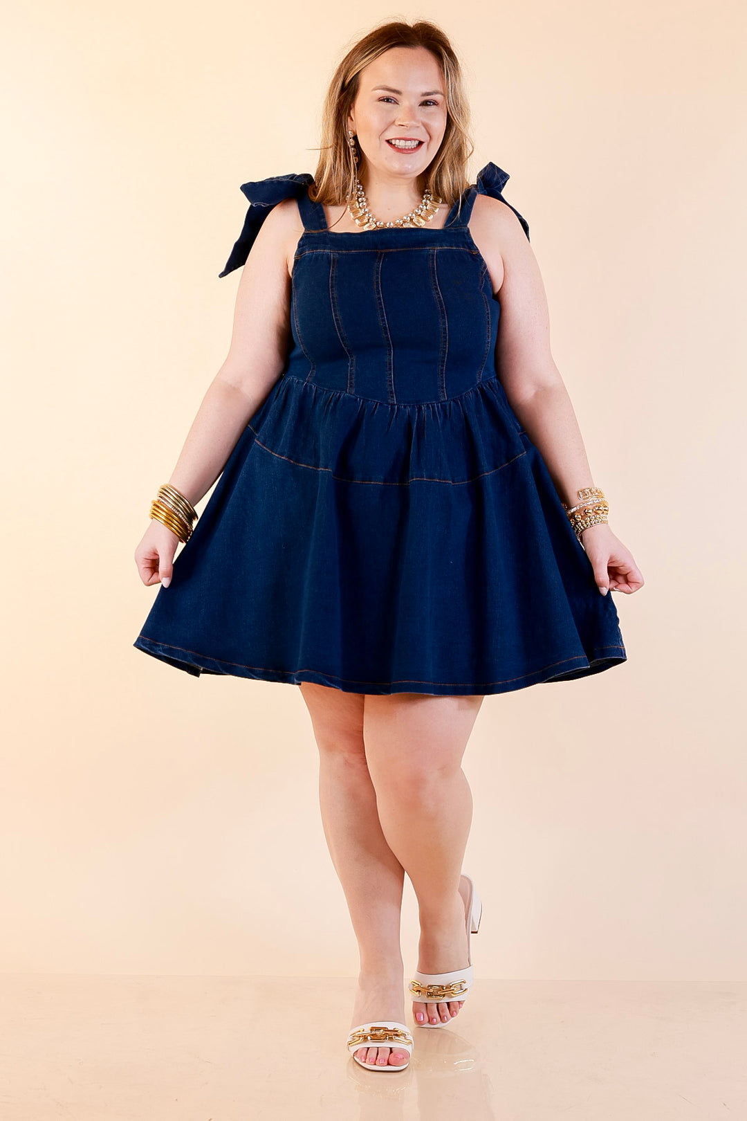 Denim Daydream Tie Shoulder Square Neck Tiered Corset Denim Mini Dress in Dark Wash