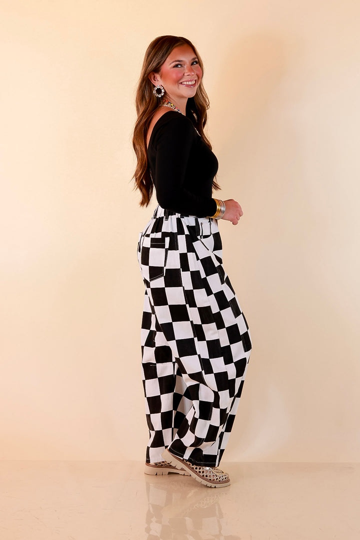 Check Me Out Wide Leg Checkered Print Barrel Denim Jean in Black