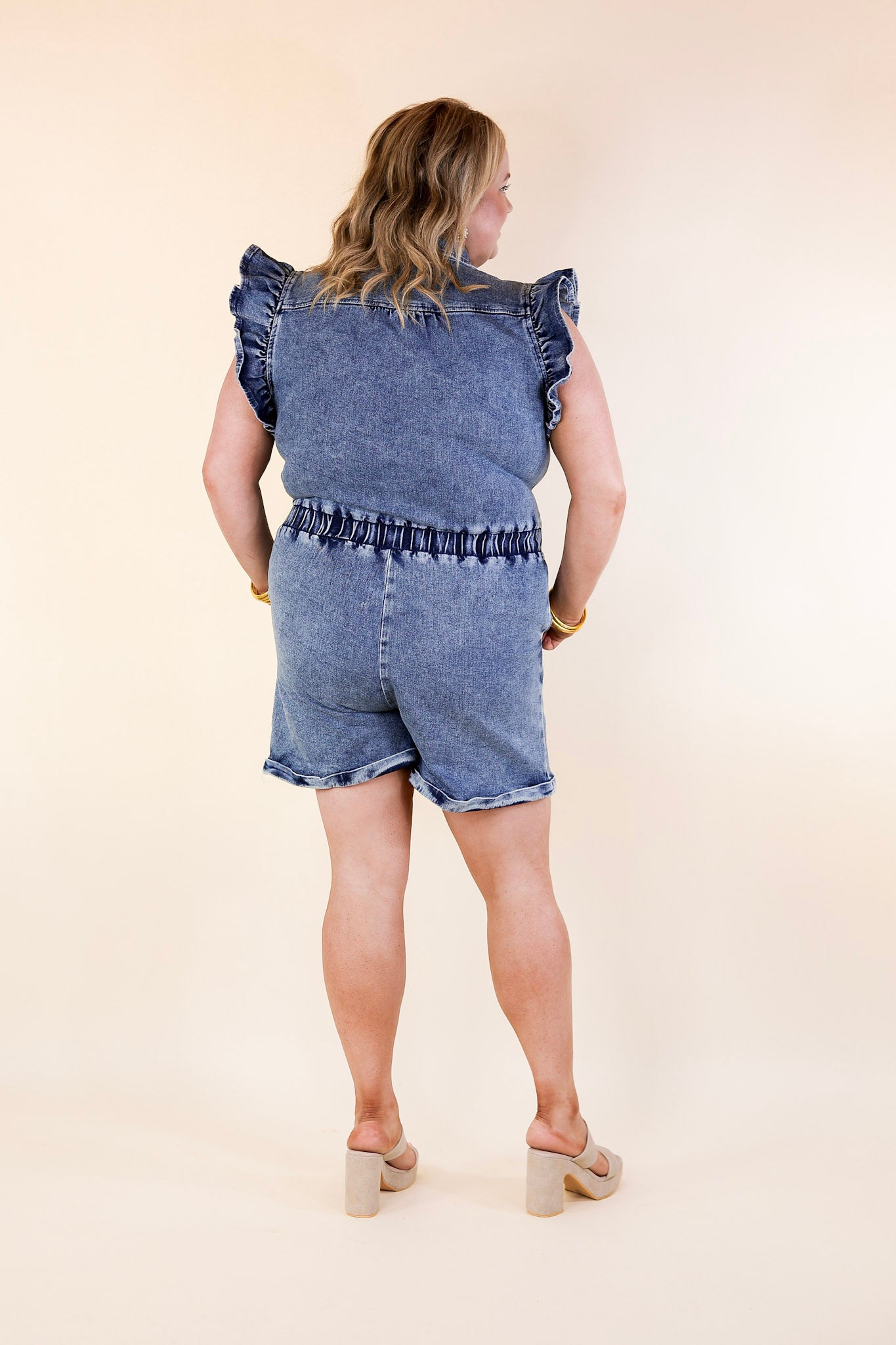 Feminine Flair Denim Romper with Ruffles and Collar in Medium Wash