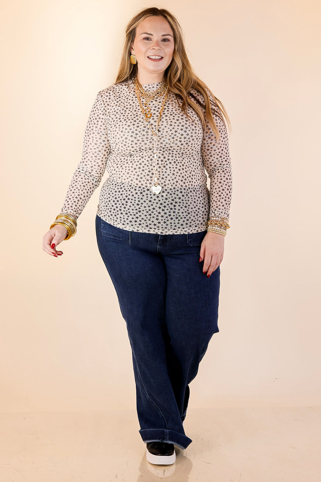 Western Dream Black Star Print Mesh Long Sleeve Top in Ivory