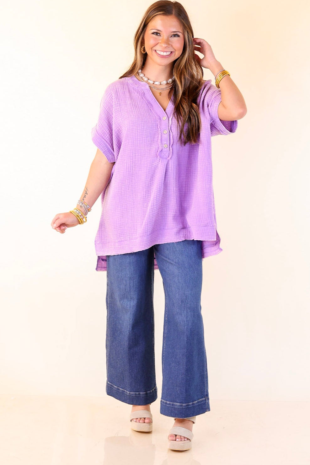 Simple Statement Quarter Button Up Short Drop Sleeve Shirt in Purple