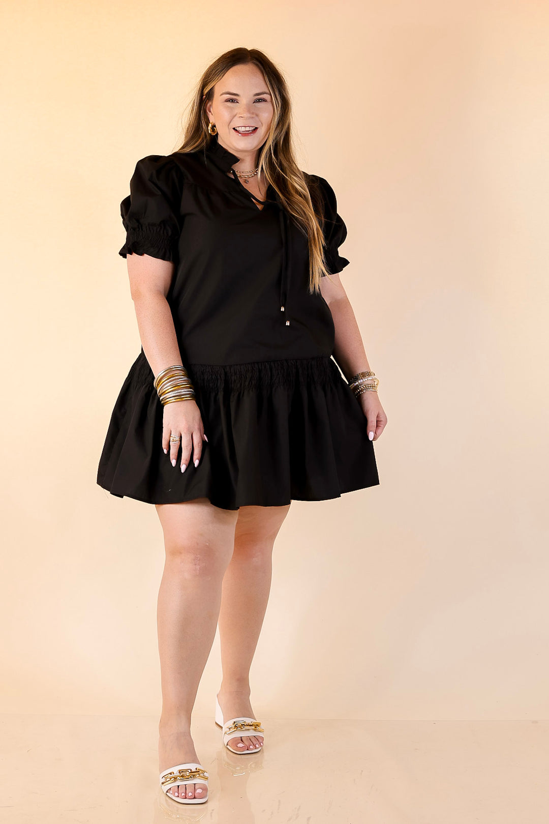 Sugar and Chic Peplum Solid Dress with Puff Sleeves in Black