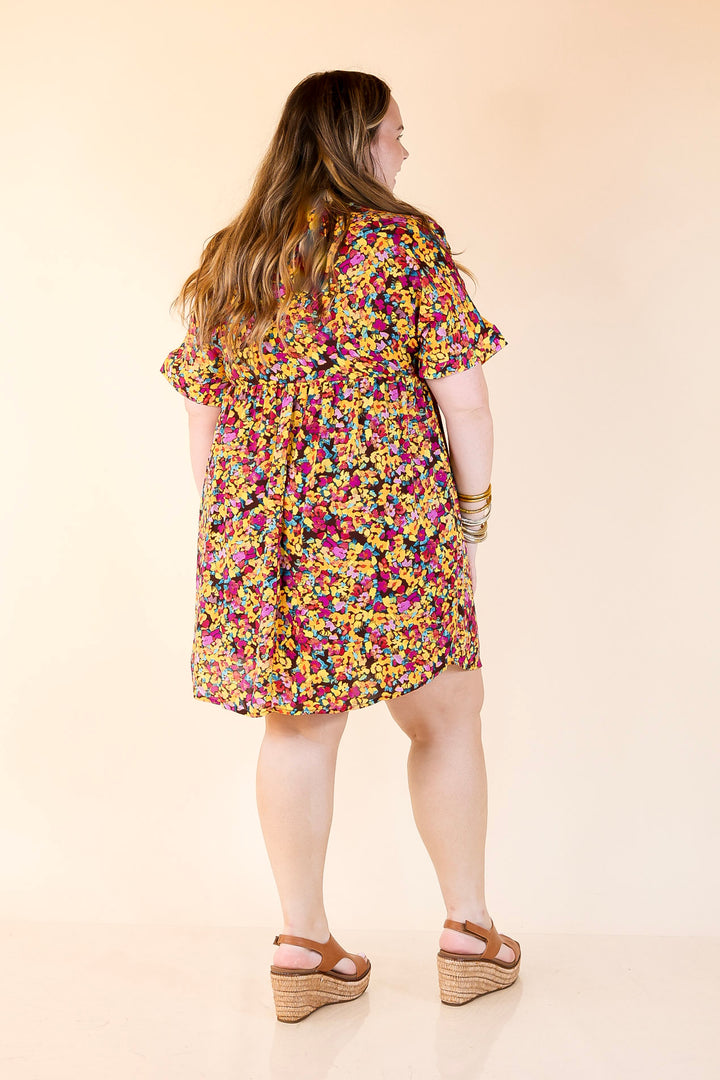 Fresh Blossoms Floral Print Babydoll Dress with V Neck in Brown