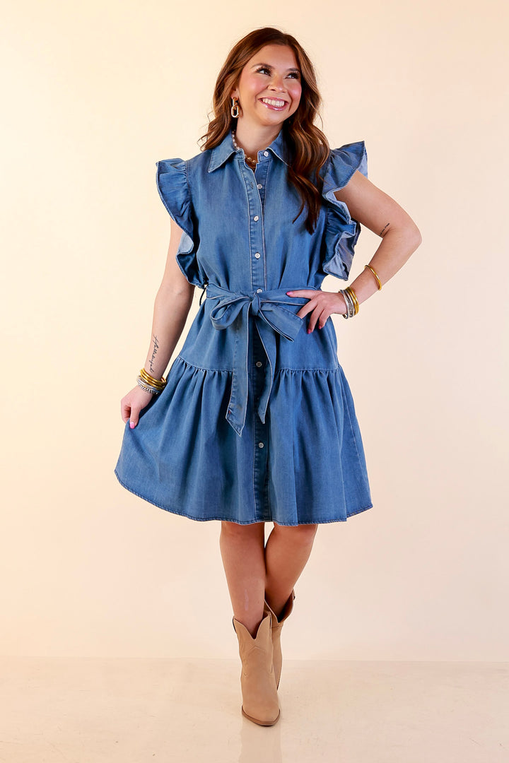Ruffled up Ruffle Sleeve Button Front Denim Dress with Collar and Peplum Hem in Medium Wash