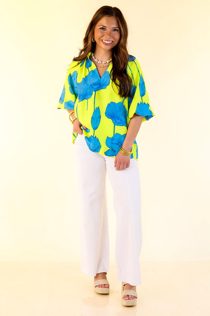 Puff & Petal V-Neck Blue Flower Print with Collar in Lime Green