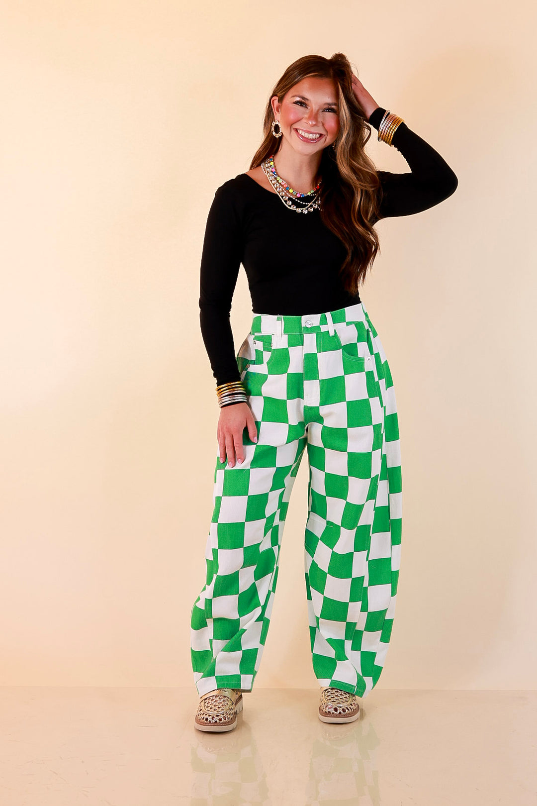 Check Me Out Wide Leg Checkered Print Barrel Denim Jean in Green