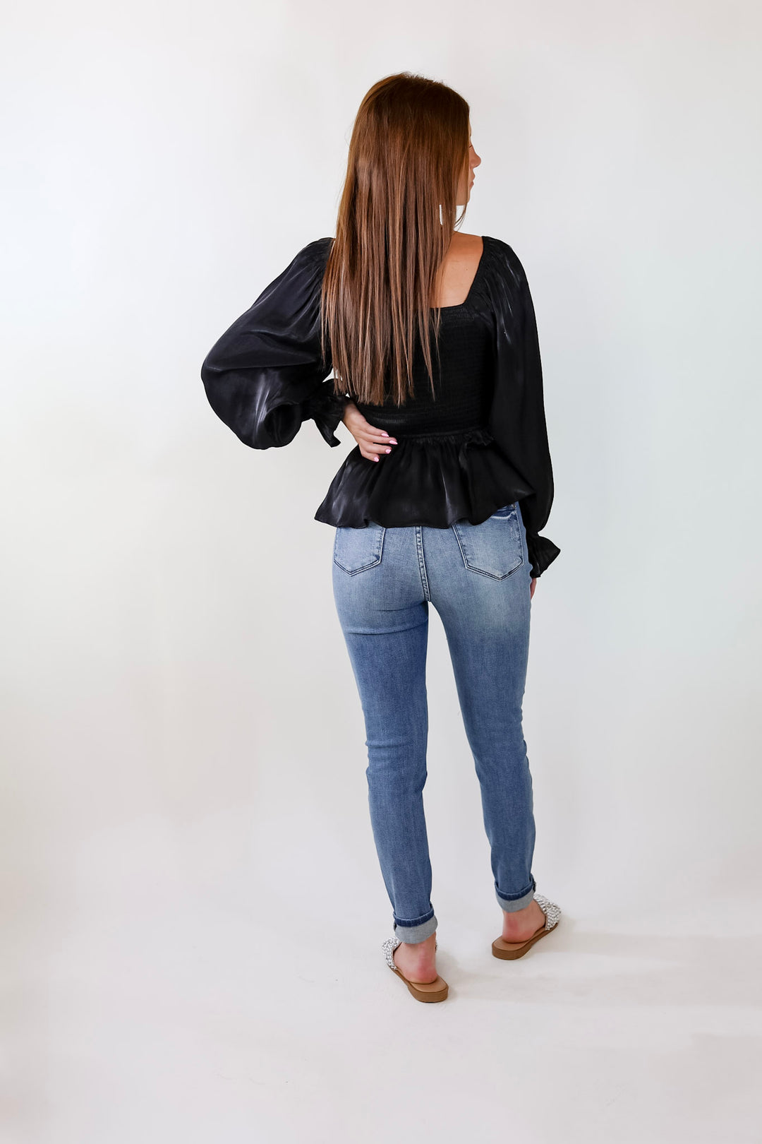 Perfect Vision Smocked Long Sleeve Top in Black - Giddy Up Glamour Boutique