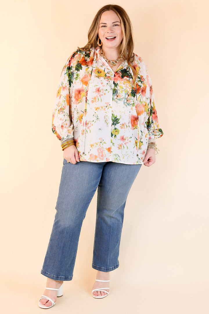 Hampton Hideout Floral Blouse with Keyhole and Tie Neckline in Off White