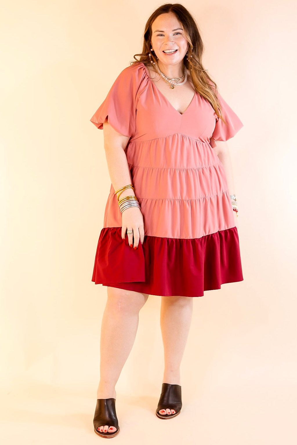 Trendy City Puff Sleeve Tiered Dress with Pink Hemline in Rose Pink