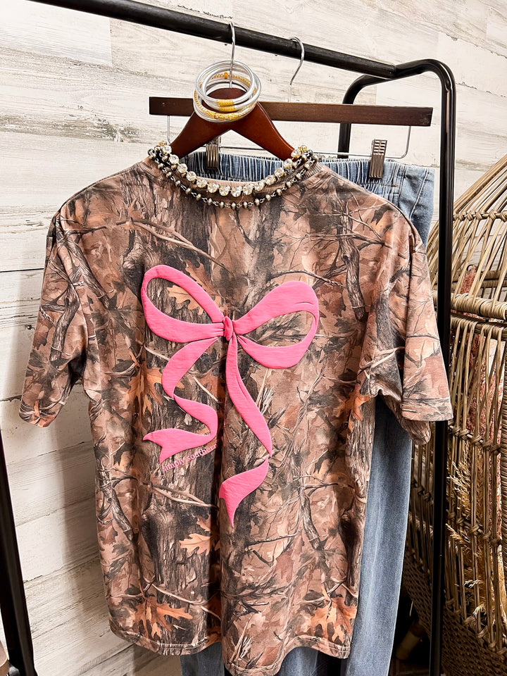 Simply Southern | Southern Belle Front &amp; Back Pink Bow Short Sleeve Graphic T-Shirt in Camouflage