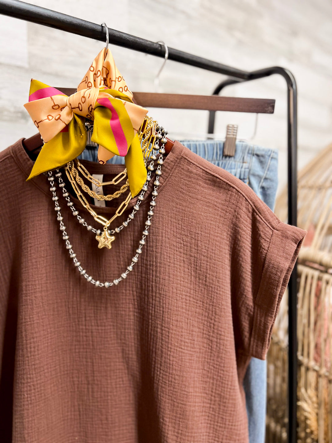 Always Appropriate Short Sleeve Linen Top with Rolled Sleeve Detail in Chocolate Brown