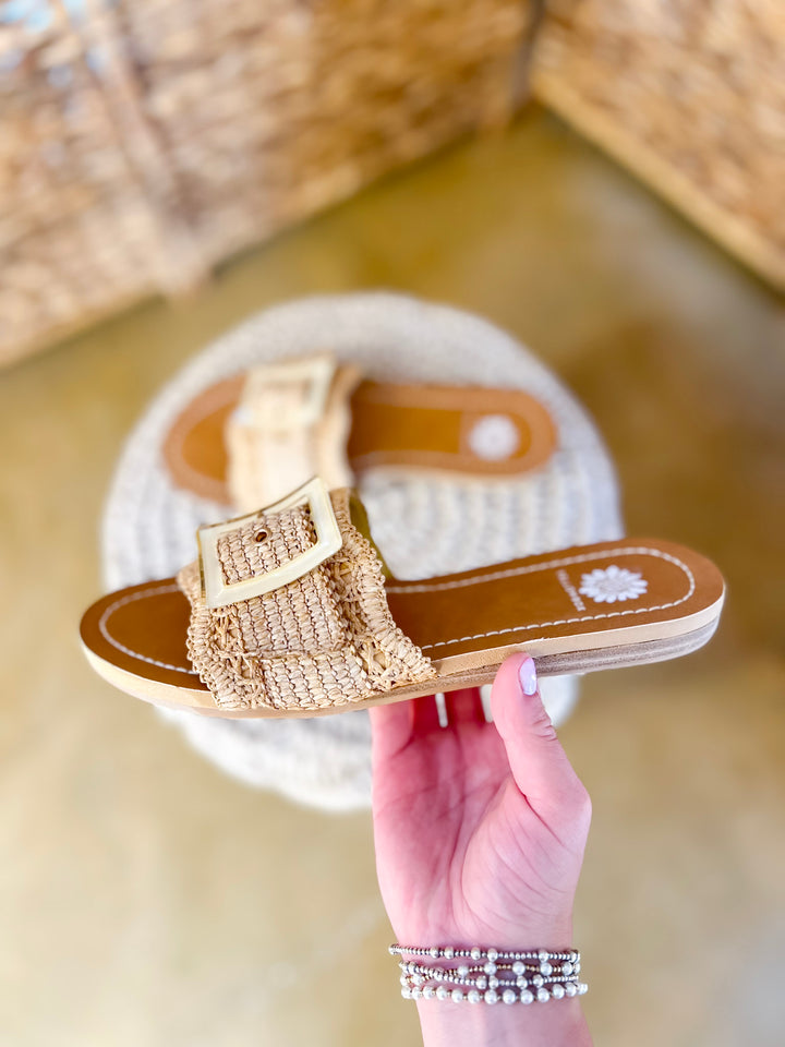 Yellow Box | Hamlyn Raffia Buckle Slide Sandals in Natural