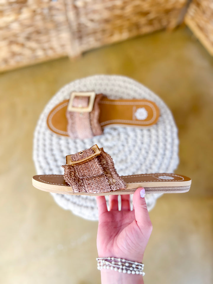 Yellow Box | Hamlyn Raffia Buckle Slide Sandals in Tan